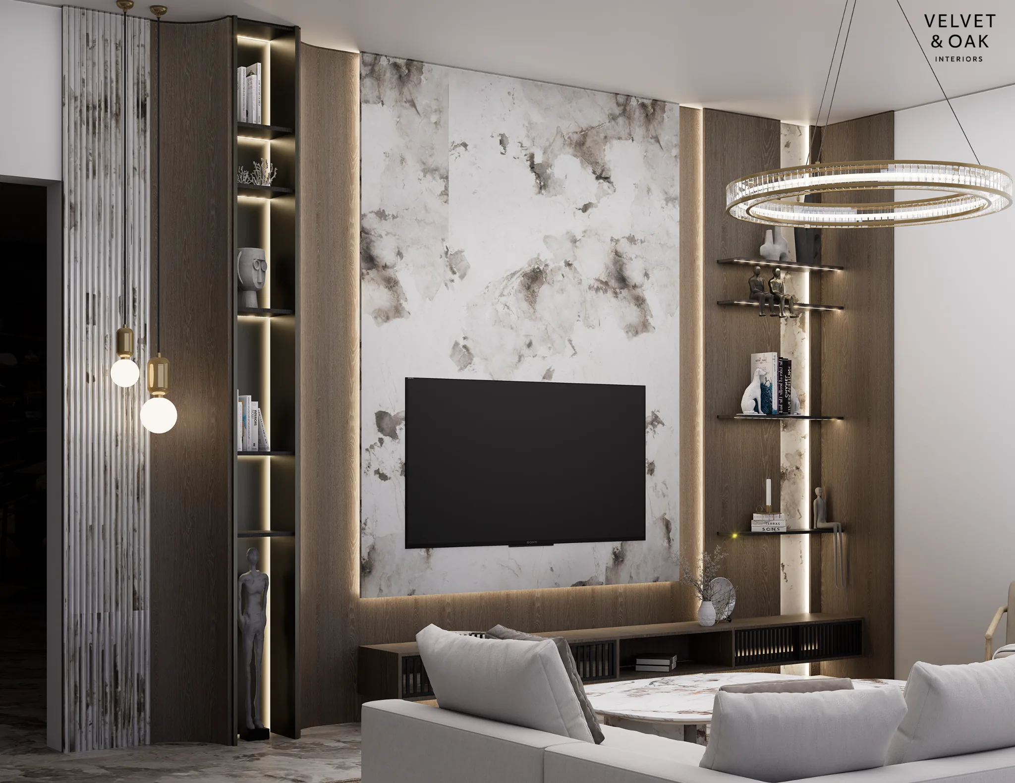 Stone and timber television feature wall concept