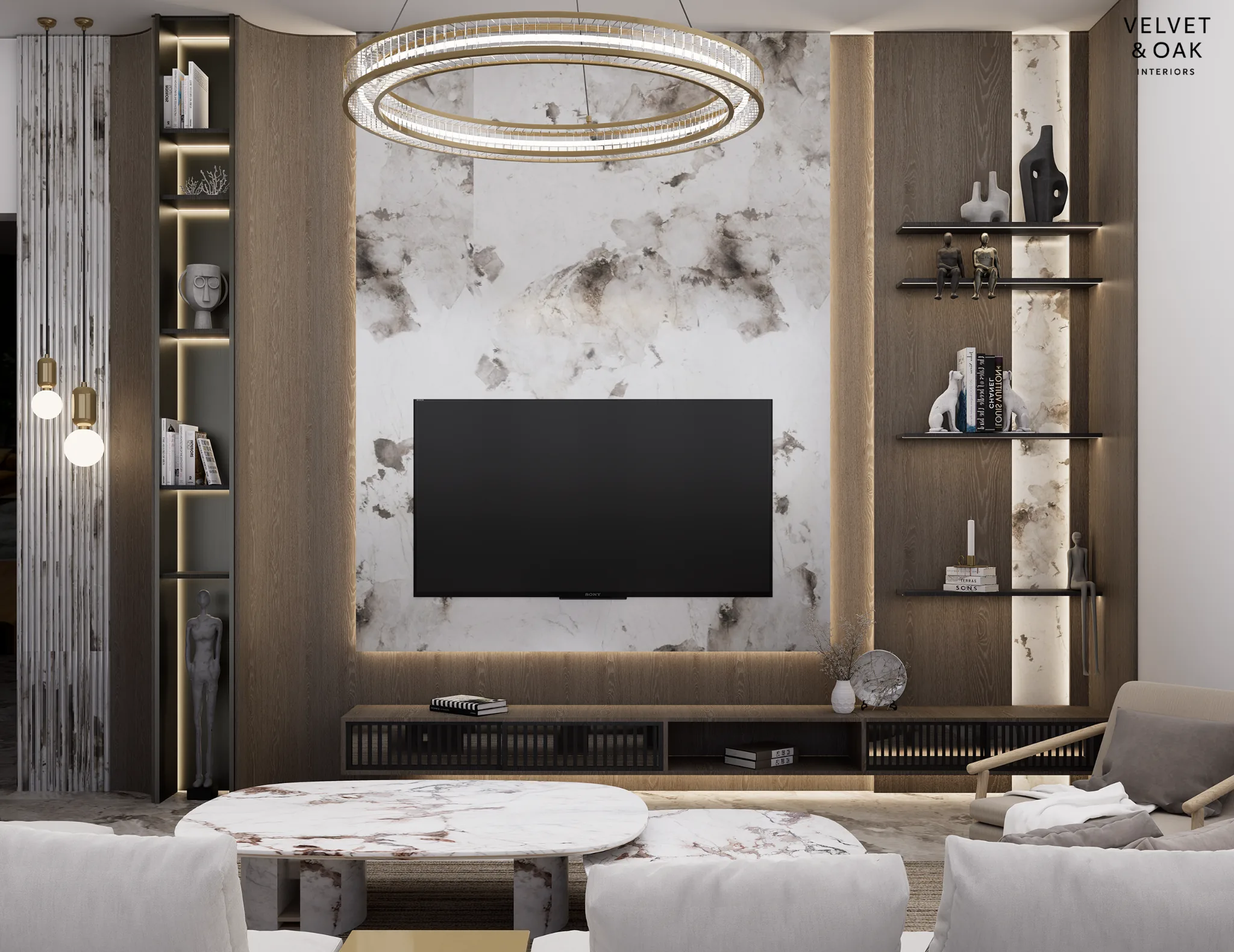 Bespoke television wall with stone, timber and integrated display lighting