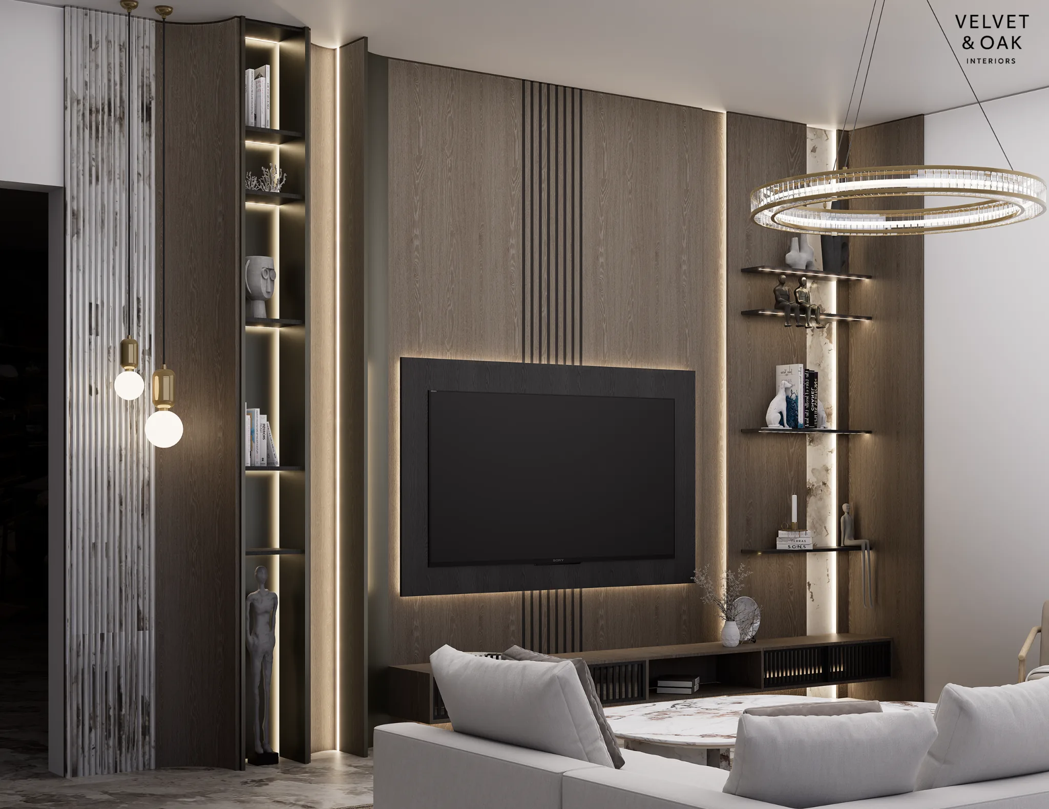 Warm timber television wall with illuminated central panel
