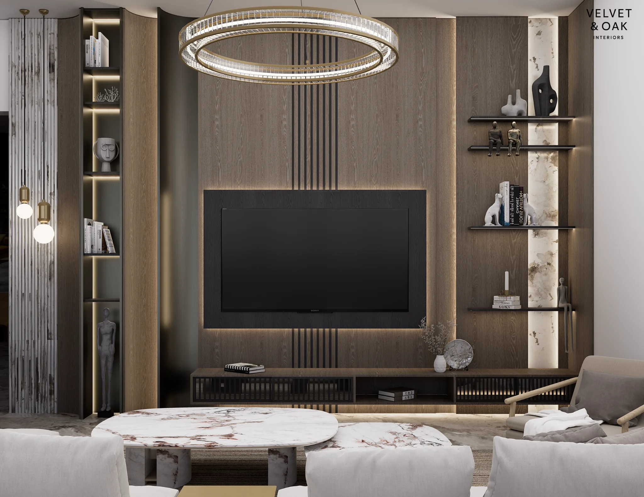 Full-height timber television wall with shelving and concealed lighting