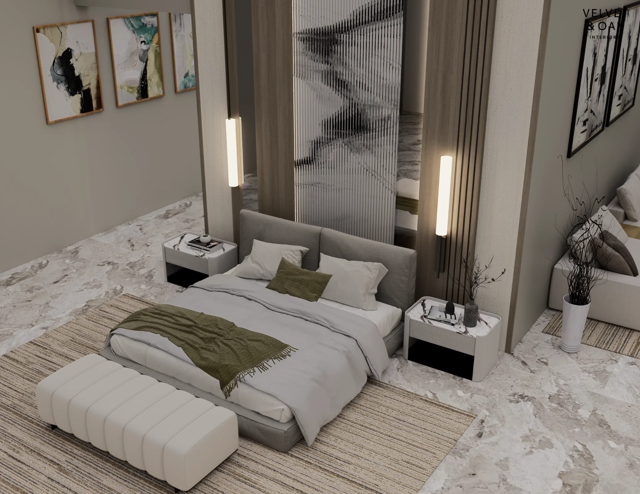Layered bed backboard design with timber and textured panels