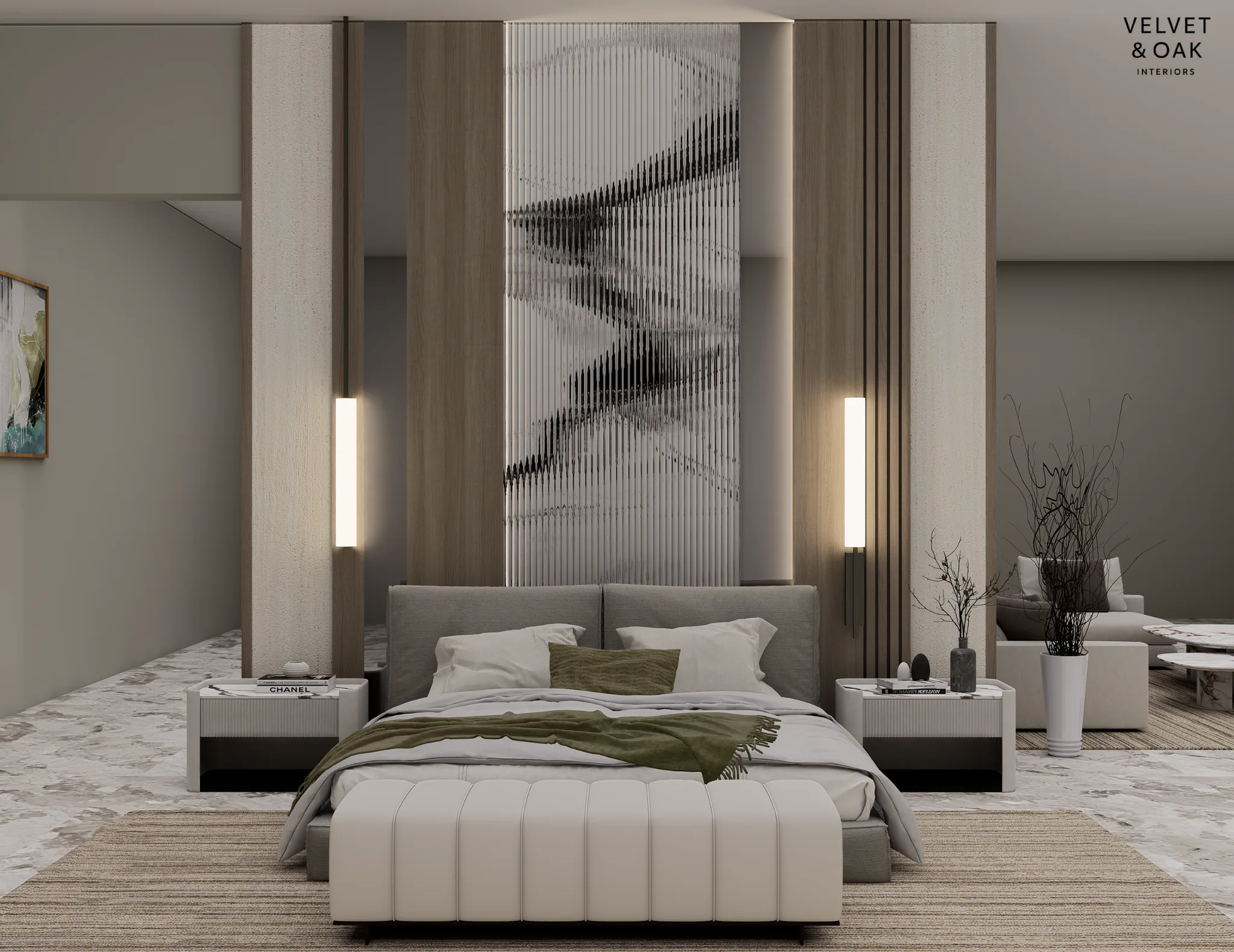 Bed backboard with fluted glass centre panel and wall lights