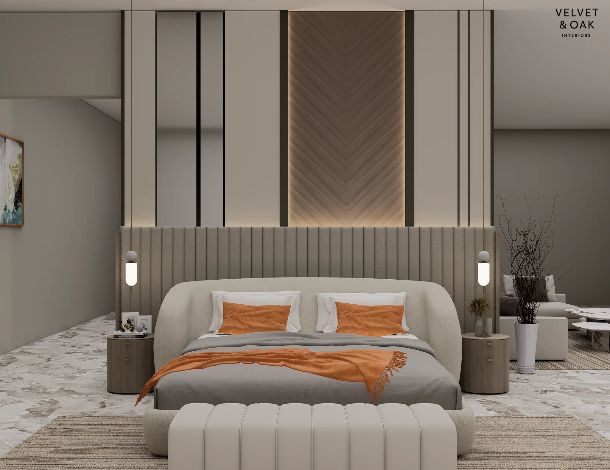 Upholstered bed backboard with timber panel and pendant lights