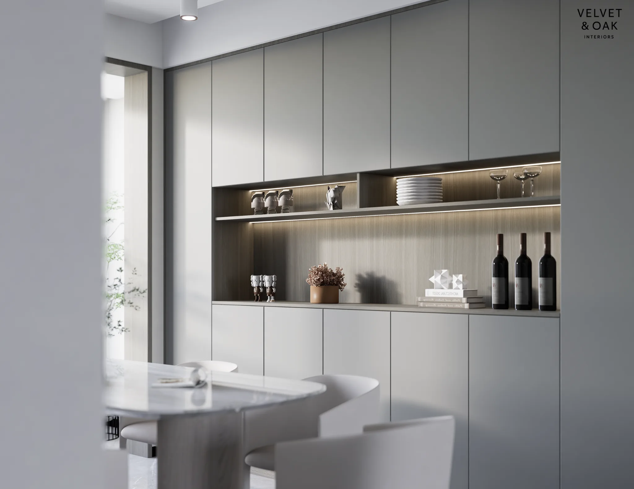 Integrated dining storage and illuminated display joinery
