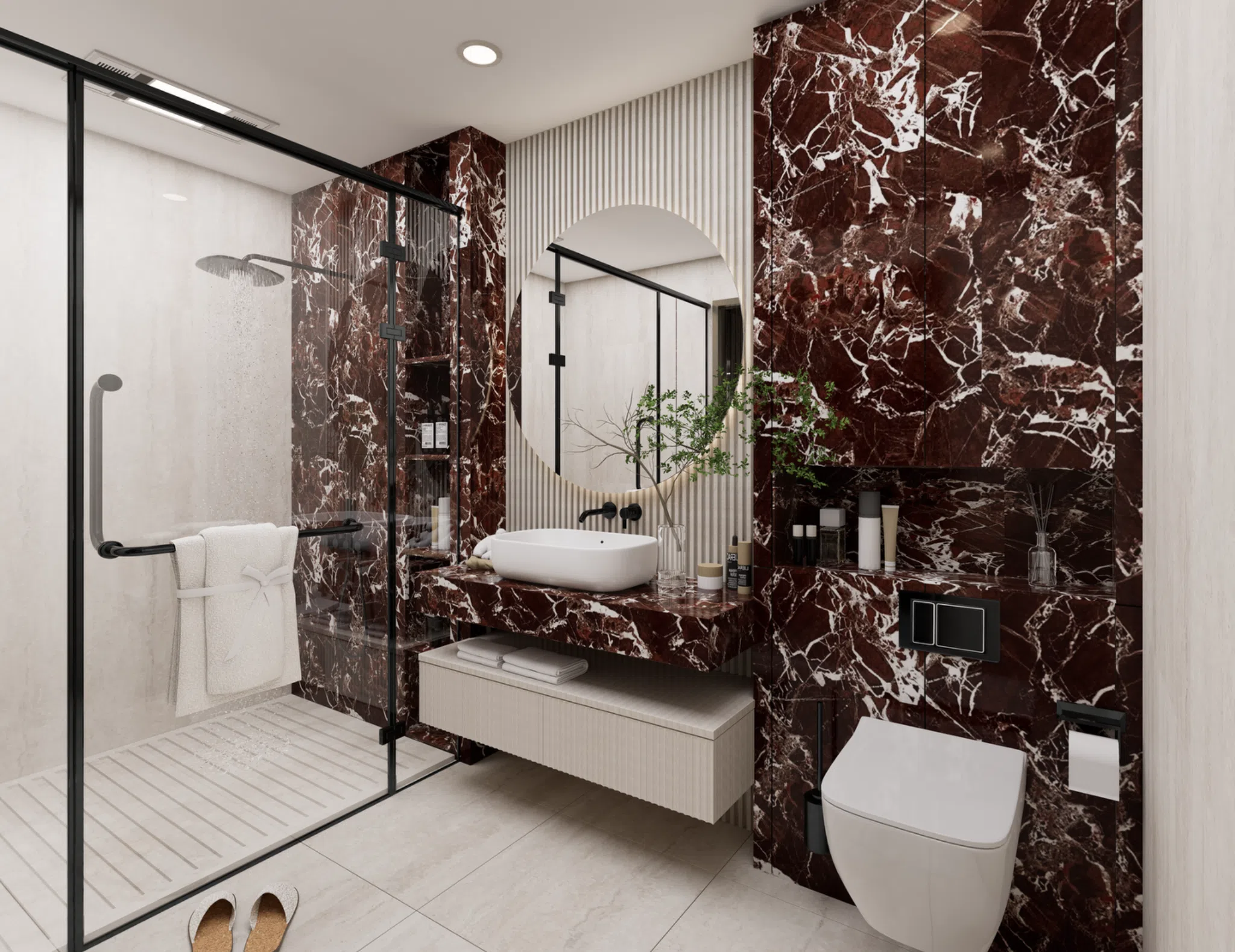 Red marble bathroom with vanity, shower and wall-mounted sanitaryware