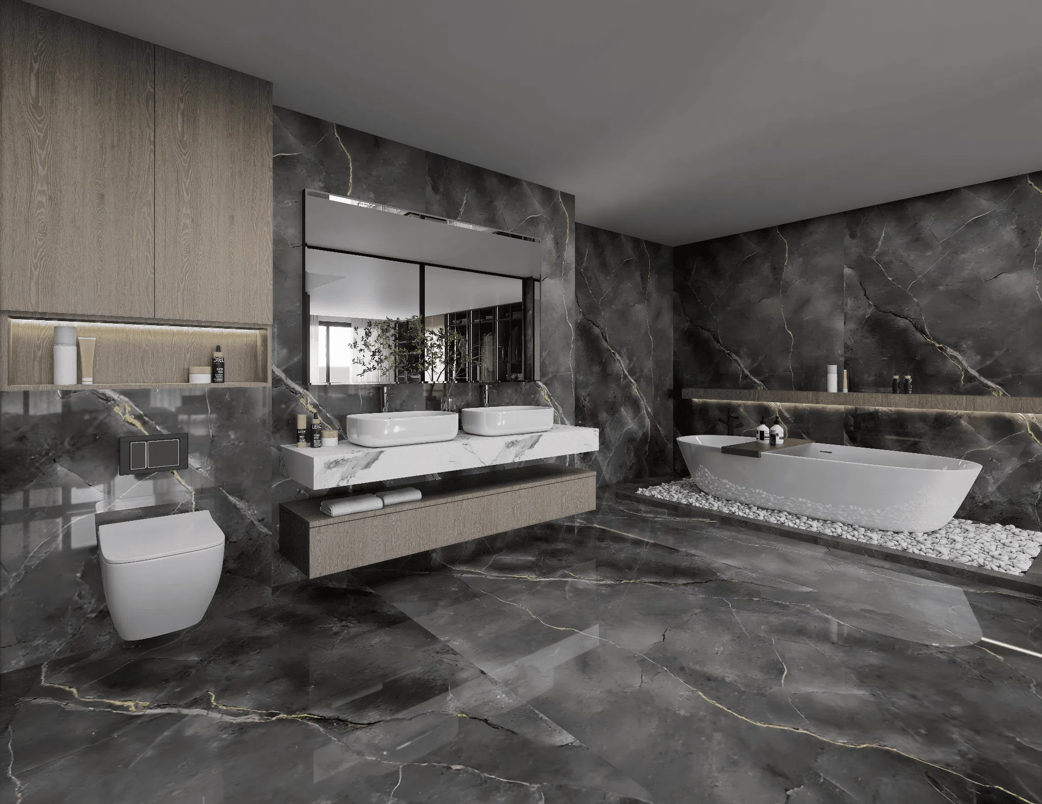 Dark marble bathroom with double vanity and freestanding bath