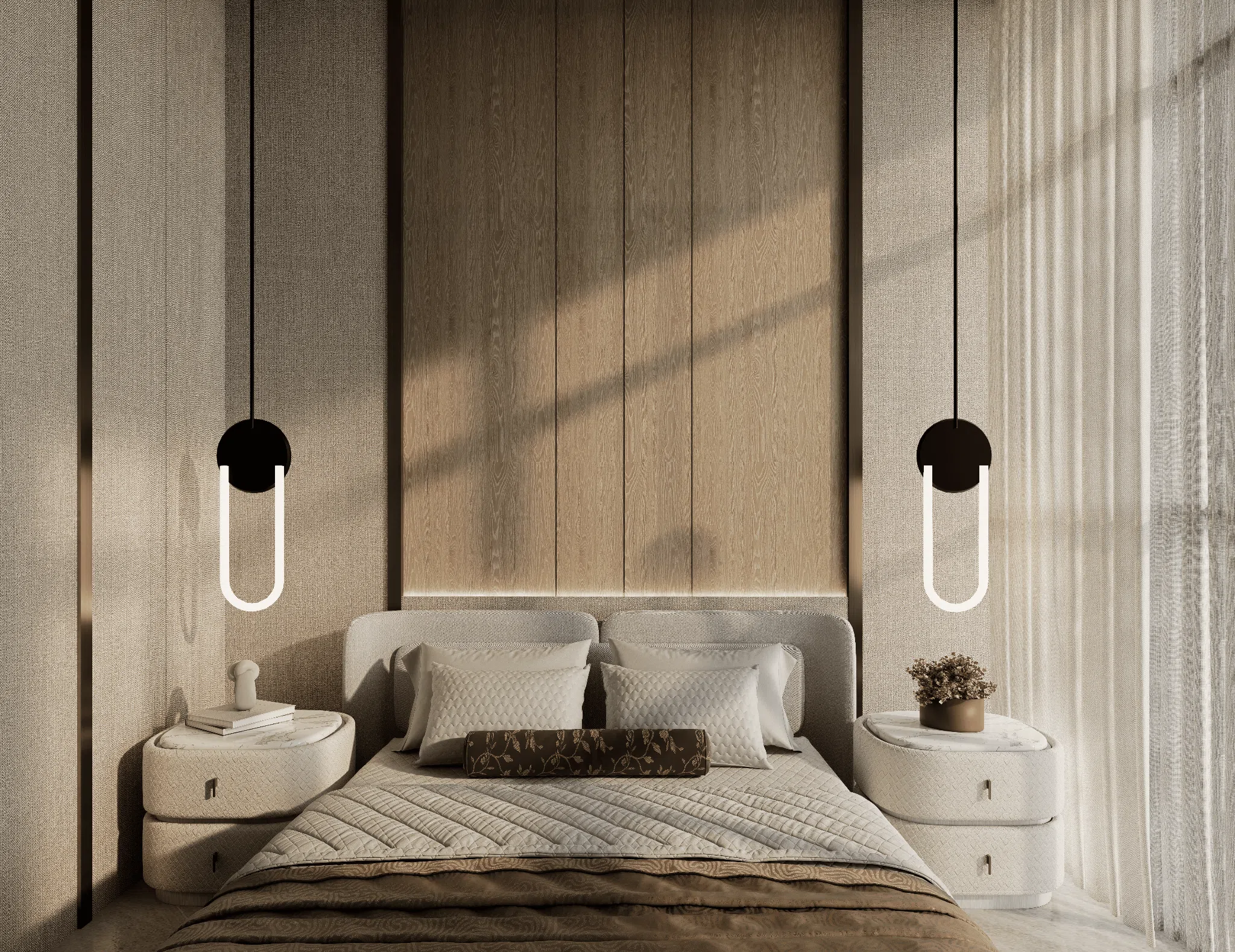 Principal bedroom with layered timber backboard and pendant lights