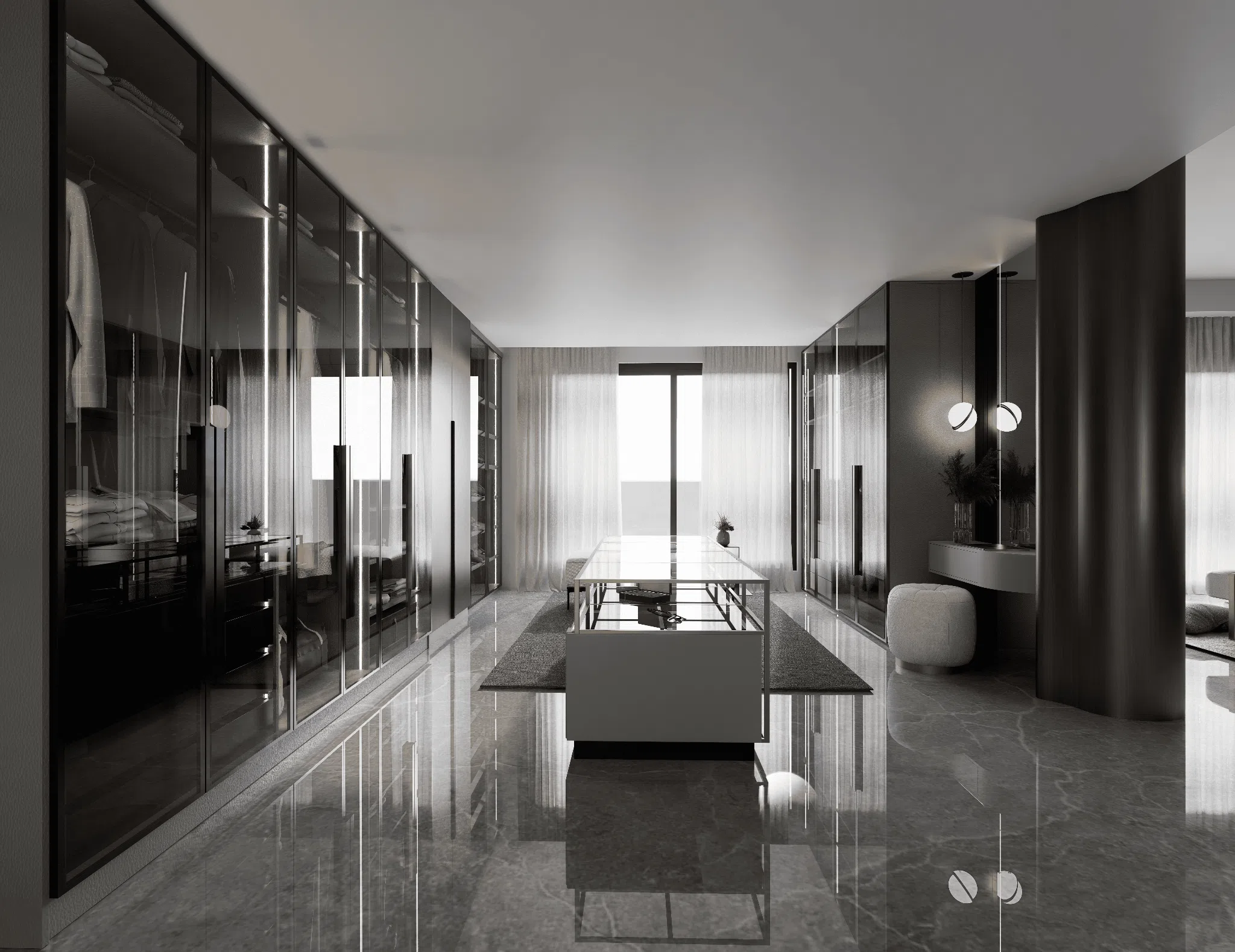 Glazed wardrobes and central dressing display island