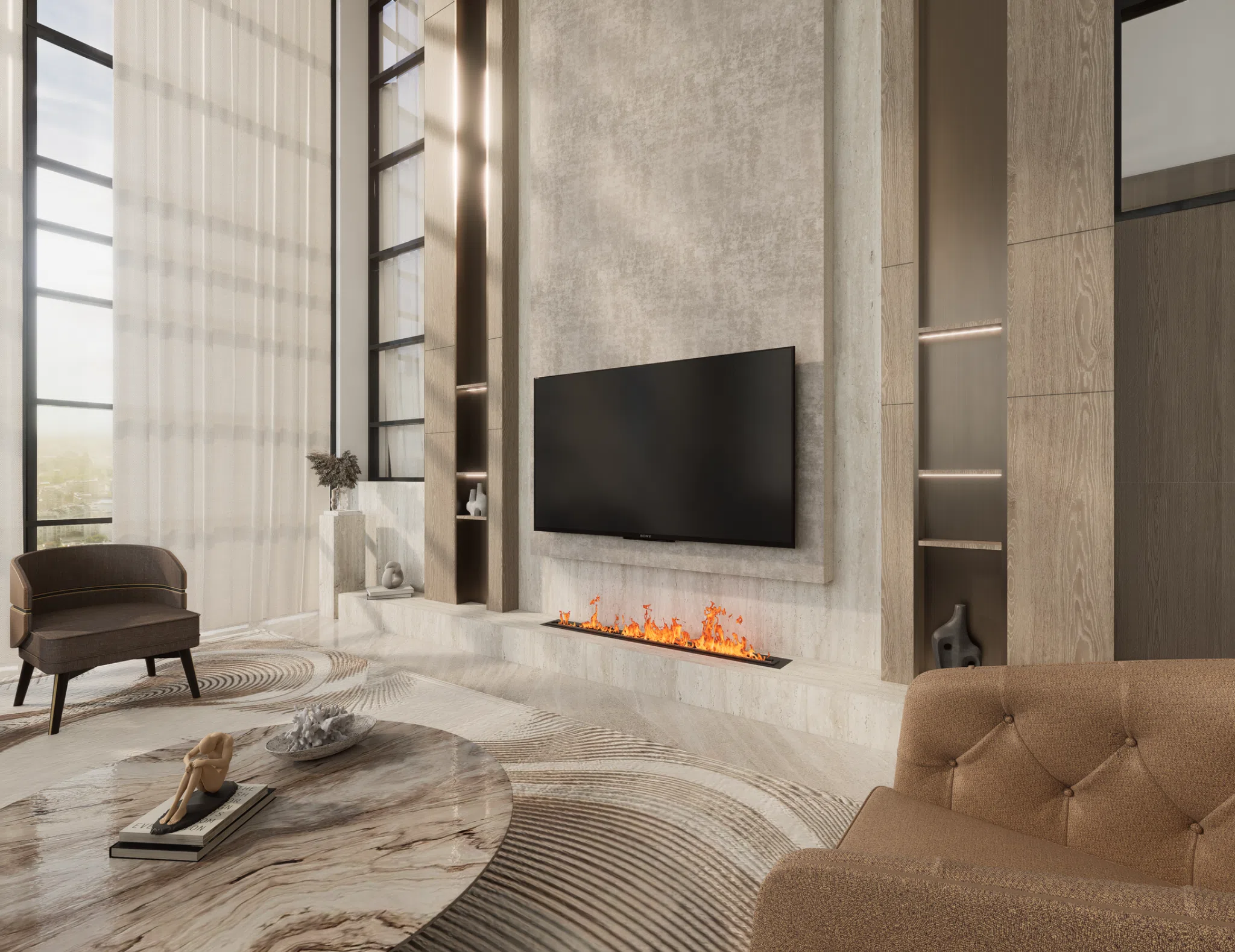Large-format stone television and linear fireplace feature wall