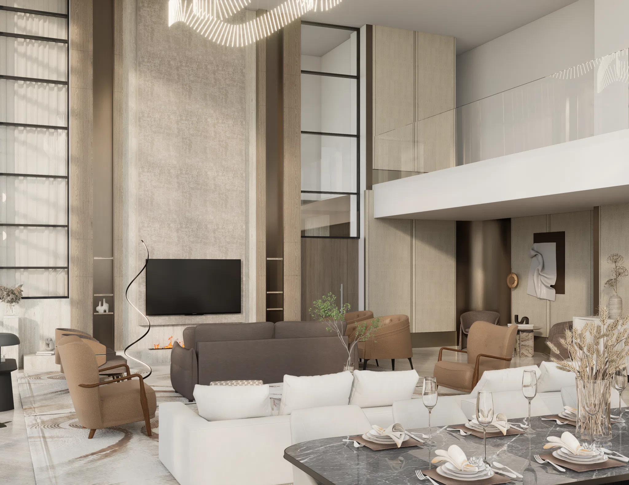 Double-height private villa living and dining concept