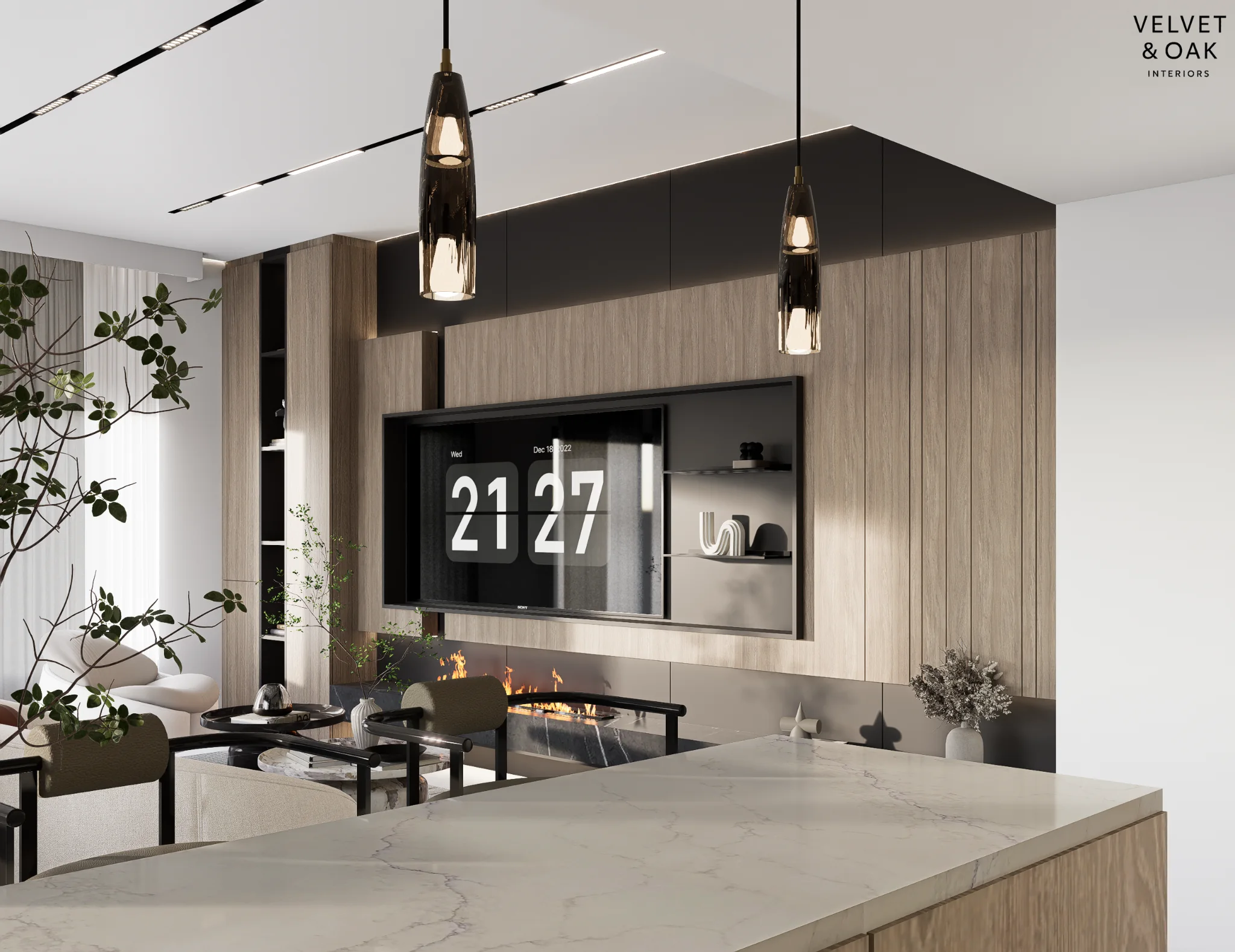 Bespoke television feature wall with timber panels and integrated lighting