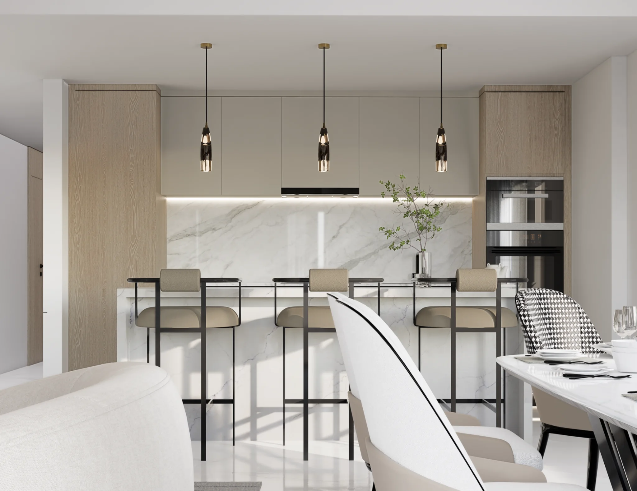 Light contemporary kitchen with marble island and pendant lighting
