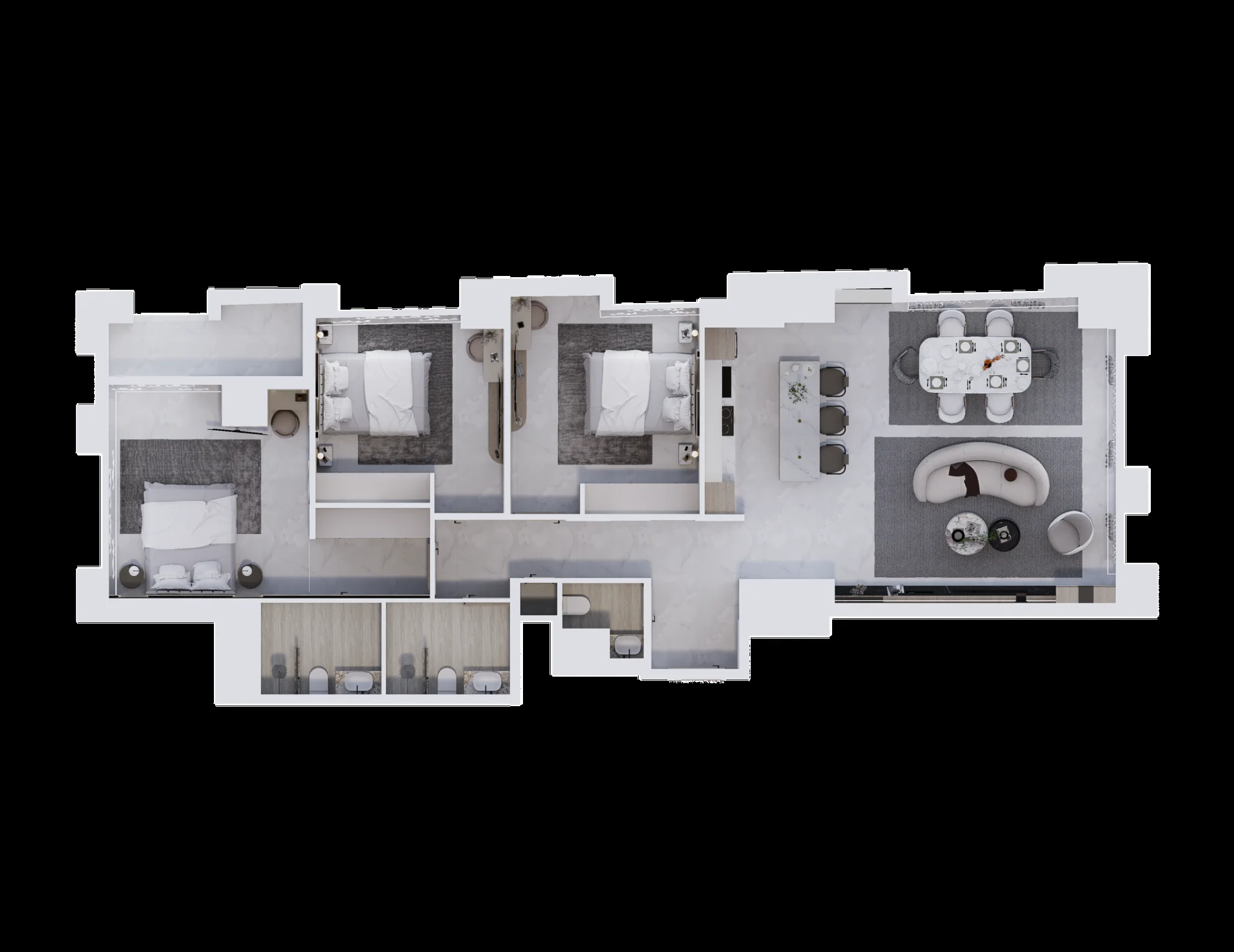 Rendered floor plan for a three-bedroom apartment